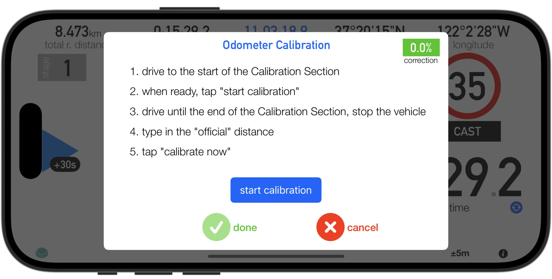 Tripmaster App for iPhone and iPad for TSD Rally - Time Distance Speed - Roadbook - Calibration