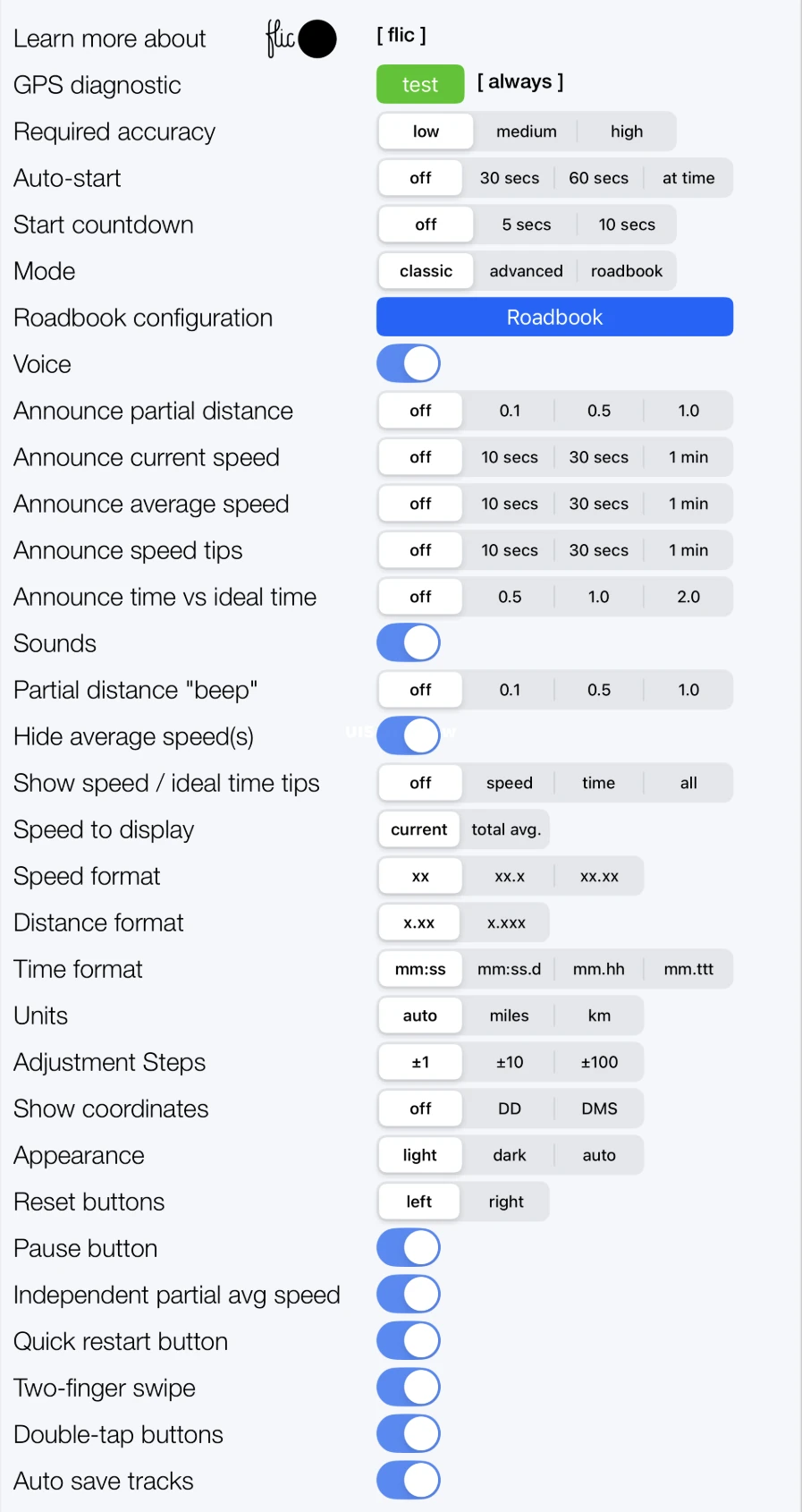 Tripmaster App for TSD Rally Settings